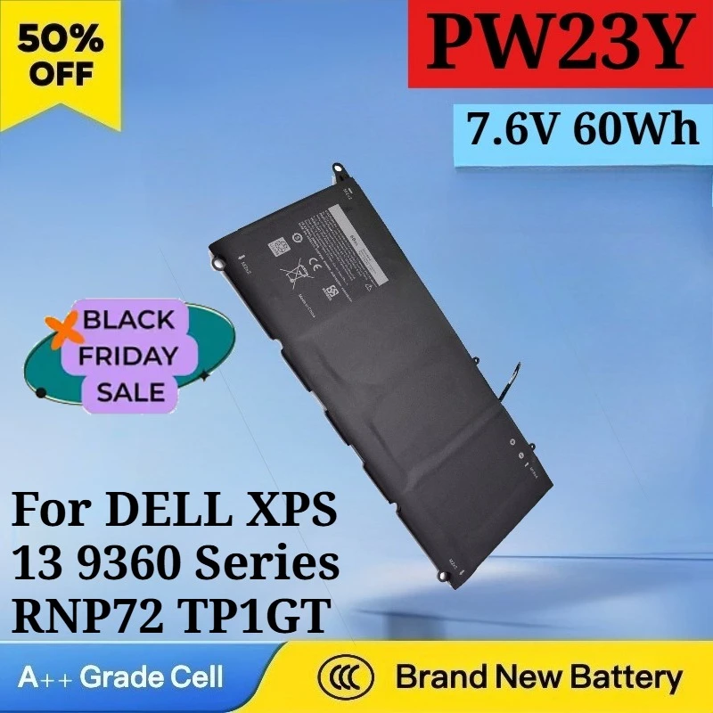 

PW23Y 7.6V 60Wh Laptop Battery for DELL XPS 13 9360 Series RNP72 TP1GT P54G 0PW23Y 0RNP72 0TP1GT XPS139360 Replacement Battery
