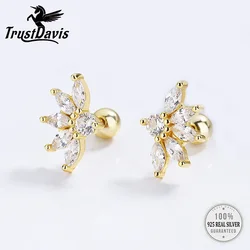 Trustdavis Real 925 Sterling Silver 2022 18K Gold Flower Clear CZ Beads Screw Earring For Daughter Girls Fine Jewelry DG0096