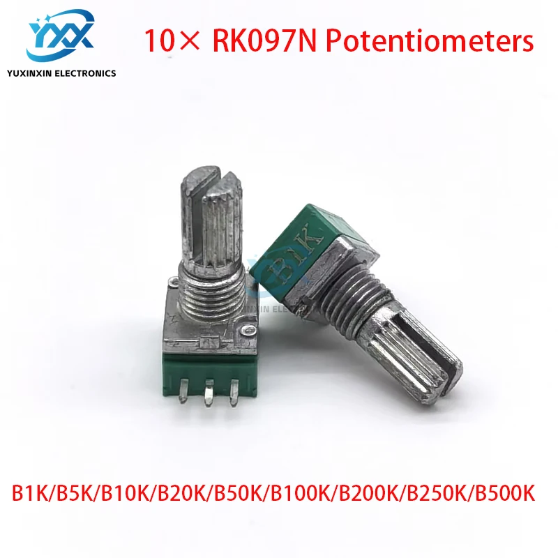 

10 шт. RK097N одиночный потенциометр 3-контактный B5K/B10K/B20K/B50K/B100K аудио усилитель поворотный потенциометр с валом + гайкой и шайбой
