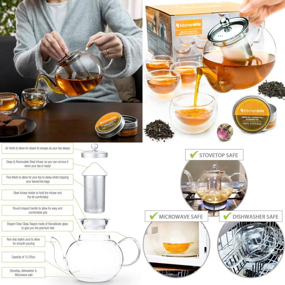 

Чайник-инфузер из нержавеющей стали со стеклянными стаканами с двойными стенками (4 шт.) – безопасен для микроволновой печи и посудомоечной машины, идеален для заваривания цветущих чайных листьев