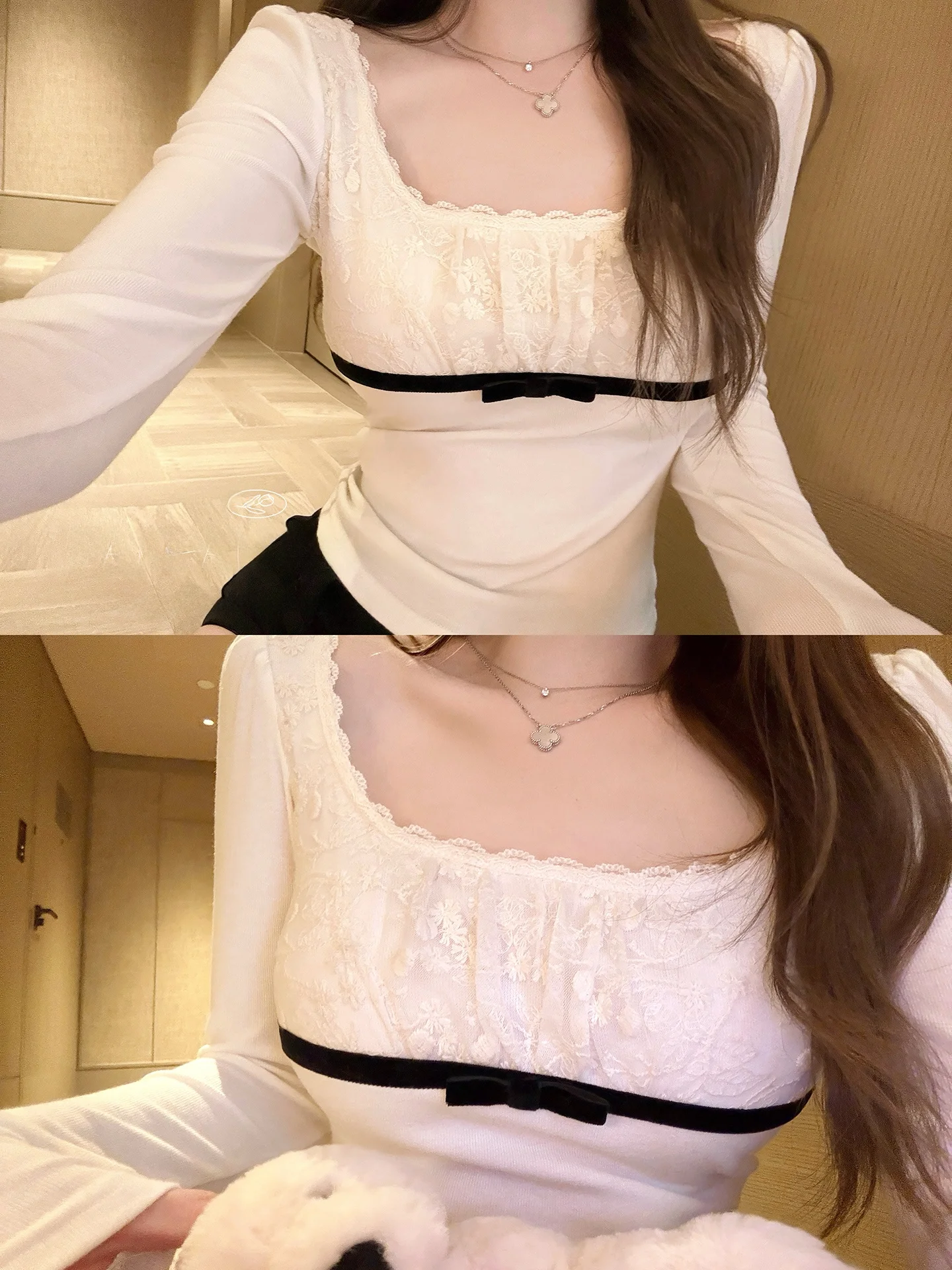 

Dolly Vintage Cute Pet Lace Knot Knitted Sweater Women's Autumn Winter Inner Wear Top Splicing Simple Sle Knitwear