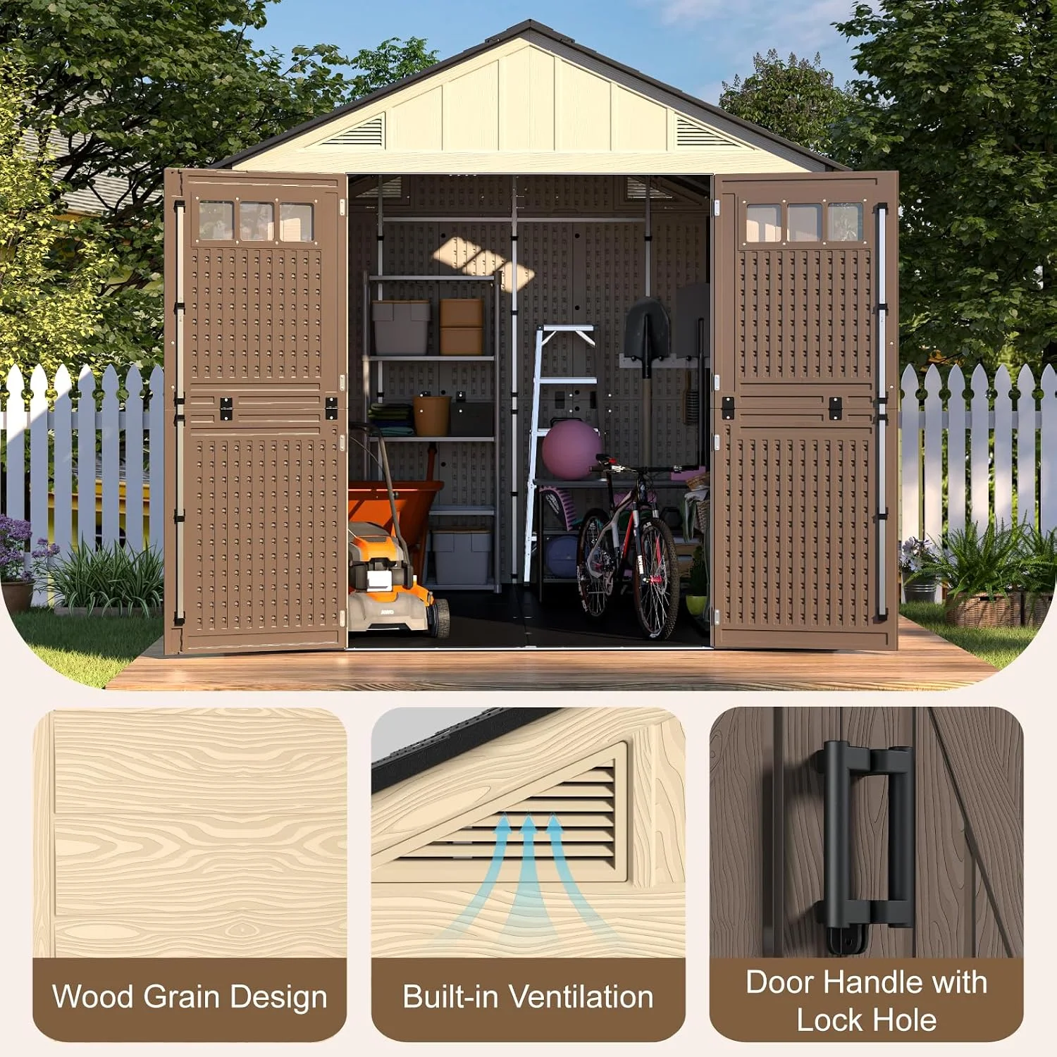 IWDOO 8x6 FT Outdoor Storage Shed with Floor, Large Resin Garden Shed with Lockable Doors, Plastic Storage House for Bikes & Tools, Khaki