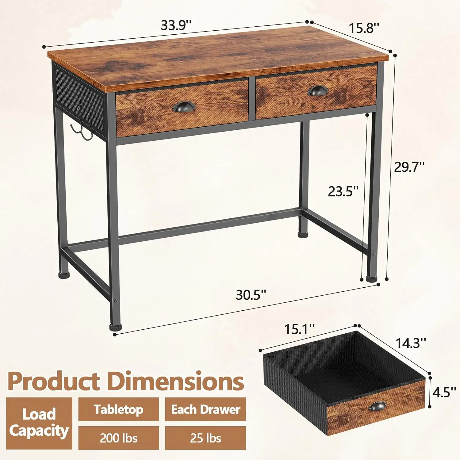 34-Inch Small Computer Desk with 2 Fabric Drawers, Hooks for Bedroom Office Study Makeup Vanity Rustic Brown