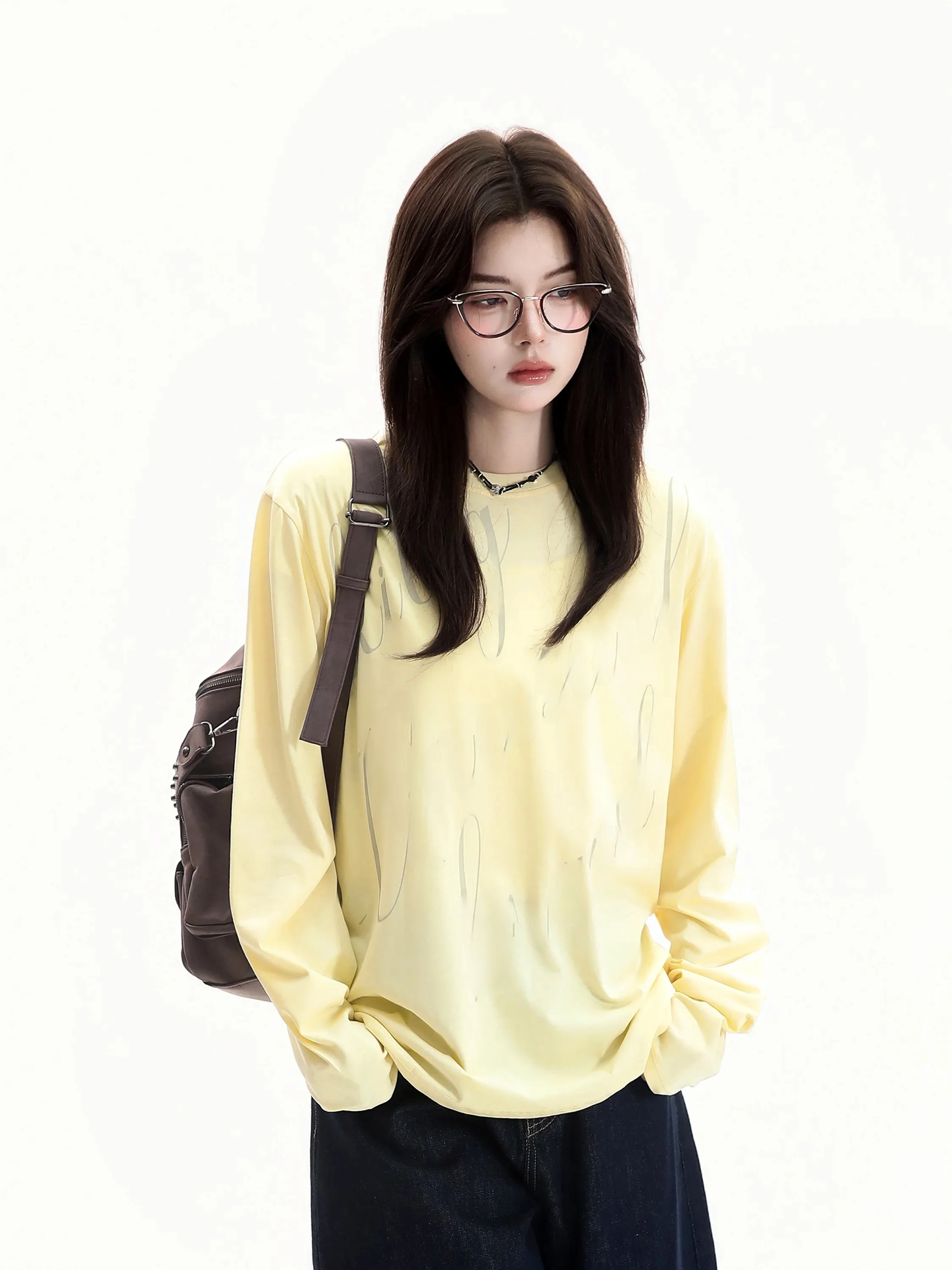 Casual Style Long Sleeve T-Shirt Women's Loose Fit Cotton Printed Flower Body Text Contrast Color Lazy Feeling College Style ...