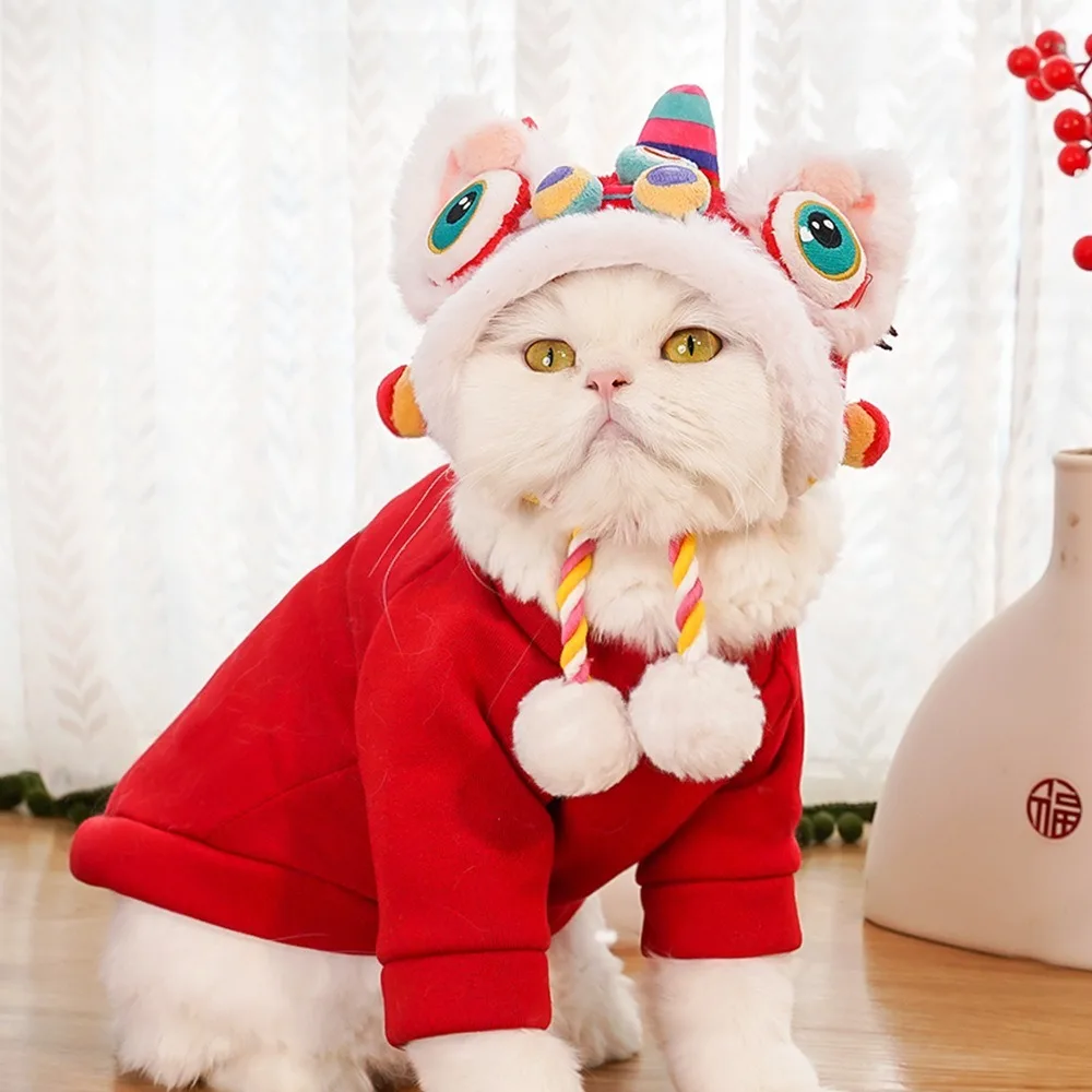 Trendy Cute Dance Lion Plush Dog Cat Hat Warm Red Pet Headwear Dress up Supplies Soft Holiday Costumes for New Year