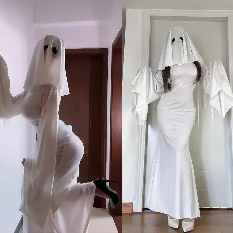 Halloween Ghost Girl Cosplay Costume Adult Women Sexy Cape Veil Suit Jumpsuit lim Fishtail Dress Scare Face Mask Outfits