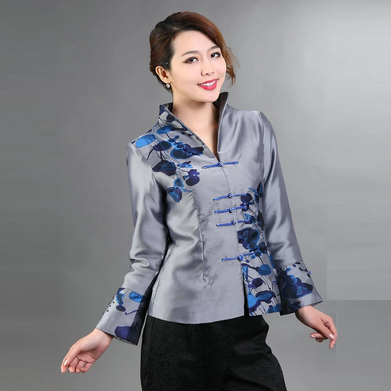 Oriental Aesthetic Women Jacquard Weave Coat Blue Red Floral Print Personality Collar Design Silm Fit Outfit Elegant Garment