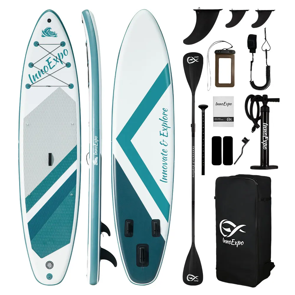 Planche de paddle gonflable InnoExpo, planche de SUP antidérapante avec accessoires, planche de paddle portable pour le surf, le tourisme, la pêche, le yoga et les sports nautiques.