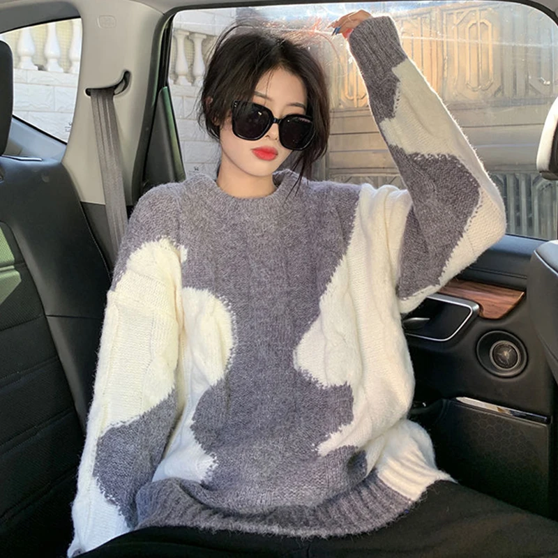 Hdspq Cute Cloud Decor Knitted Sweaters Women 2023 Autumn Korean Round Neck Sweater Woman Loose Long Sleeve Jumper Pullover