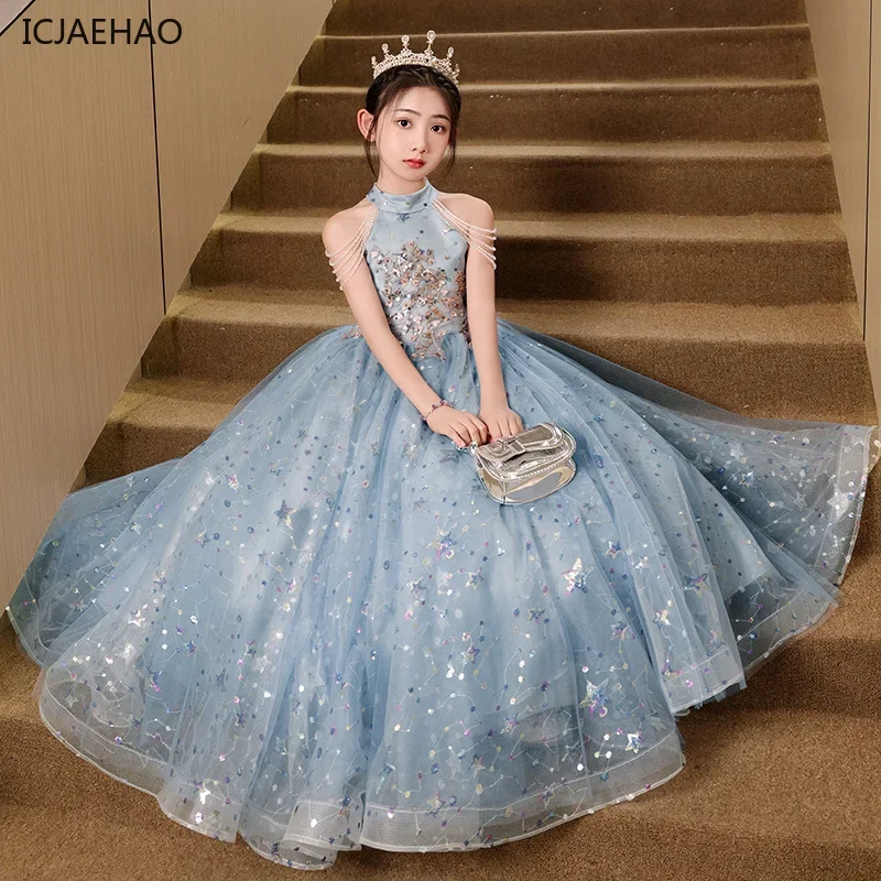 ICJAEHAO 2024 Blue Girls\' Dress Summer Light Luxury Niche High-end Princess Matching Children\'s Host Piano Performance Clothes