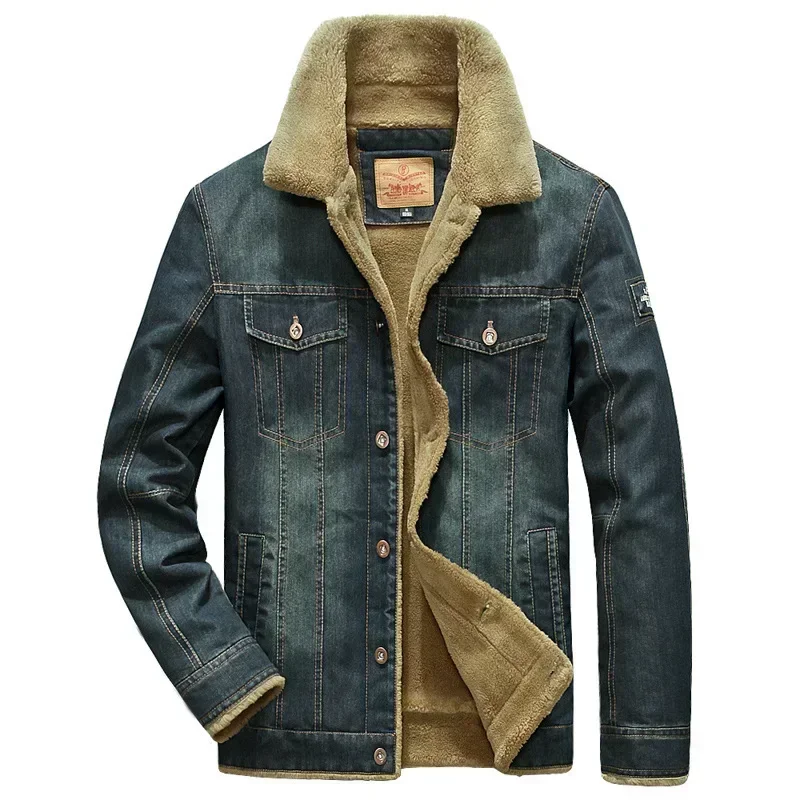 Winter Men's Denim Jacket High-quality Wool Thick Thermal Coat Multi Pocket Large Size Loose Casual Plush Bomber Jacket L-7XL