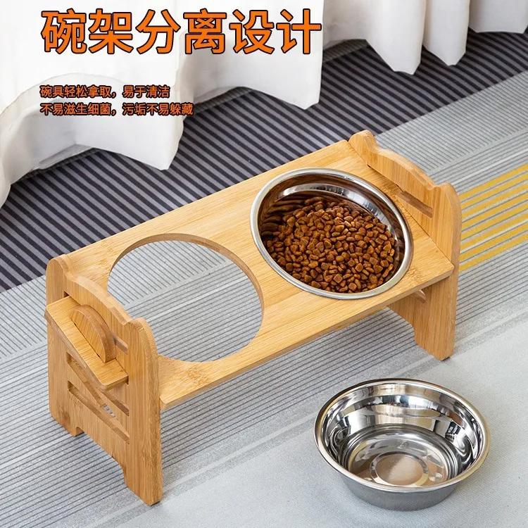 Bamboo and Wood Pet Dog Food Double Bowl Stand Feeding Rack Cat Bowl Rack Feeding Device Pet Bowl Stainless Steel Meal Rack