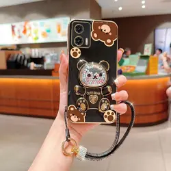 Diamond Strap Bear Phone Holder Case For Motorola Moto G13 G23 G40 Fusion G60 G60S G62 5G G72 4G G73 G84 EDGE 20 30 Stand Cover