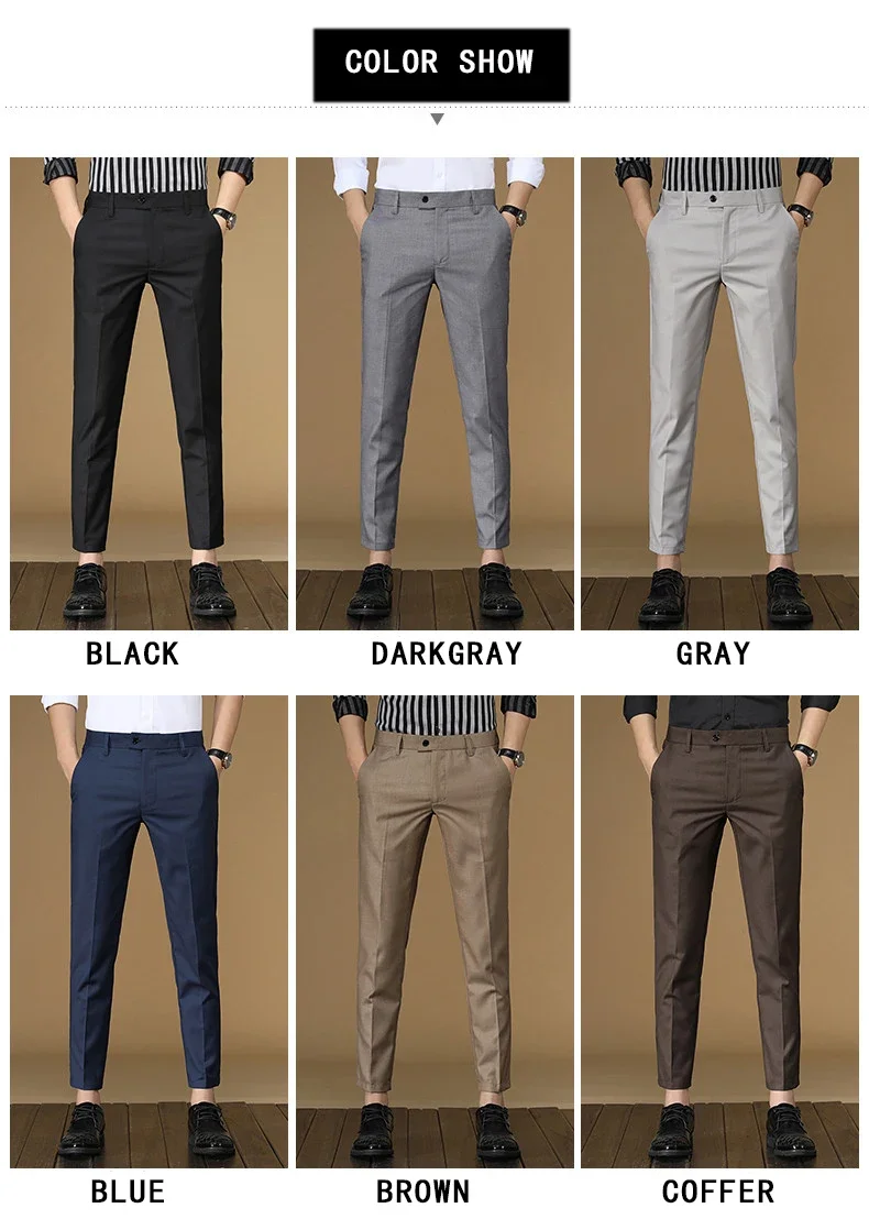 TFETTERS 2024 Brand Mens Four Seasons Casual Pants Men Seven Colors Polyester Business Mid Straight Ankle-Length Pants Trousers