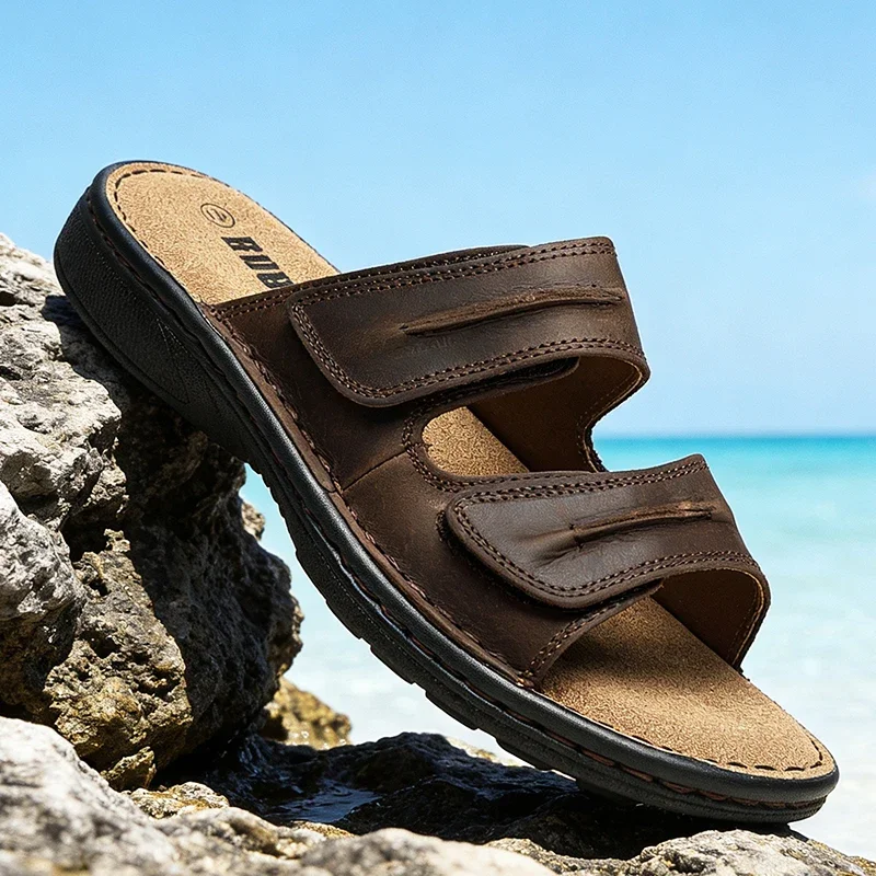 

Bubuk Men's Genuine Leather Slippers, Outdoor Casual Sandals, Beach Shoes, Made of Top-Grade Cowhide, Open-Toe Design, Suitable for Indoor and Outdoor Casual Wear