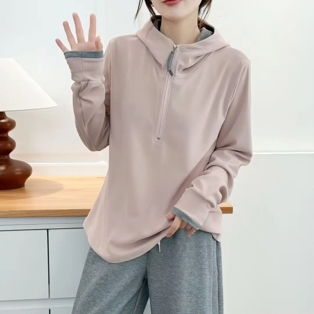 XXXXL Fashion Plus Size Damen-Kapuzenpullover 2025, Herbst-Winter, farbblockierter Reißverschluss, halboffen, langärmeliges Sweatshirt mit Kapuze 2583