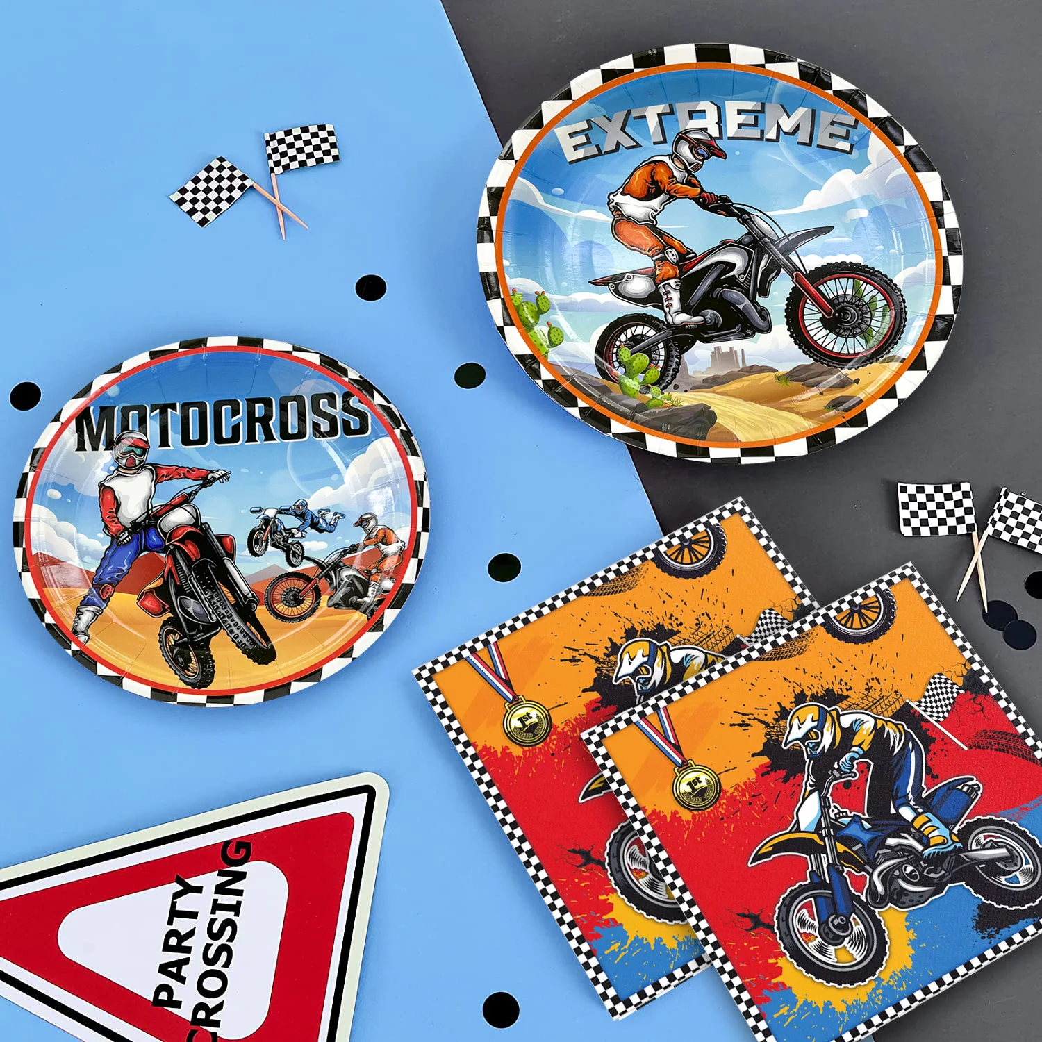 Motorcycle Birthday Supplies,98pcs Decorations&Motorcycle Theme Party Tableware Set-Dirt Bike Party Plates and Napkins Cups etc