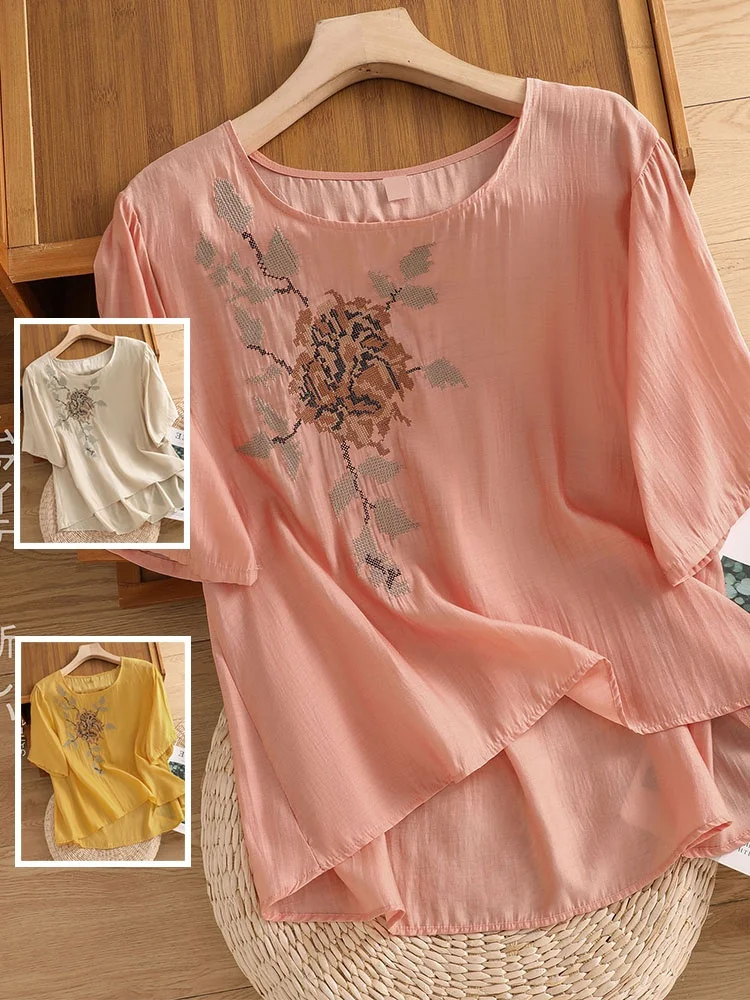 

Летняя повседневная круглая футболка из льна или све с вышивкой Ne, женский модный художественный свободный топ больших размеров