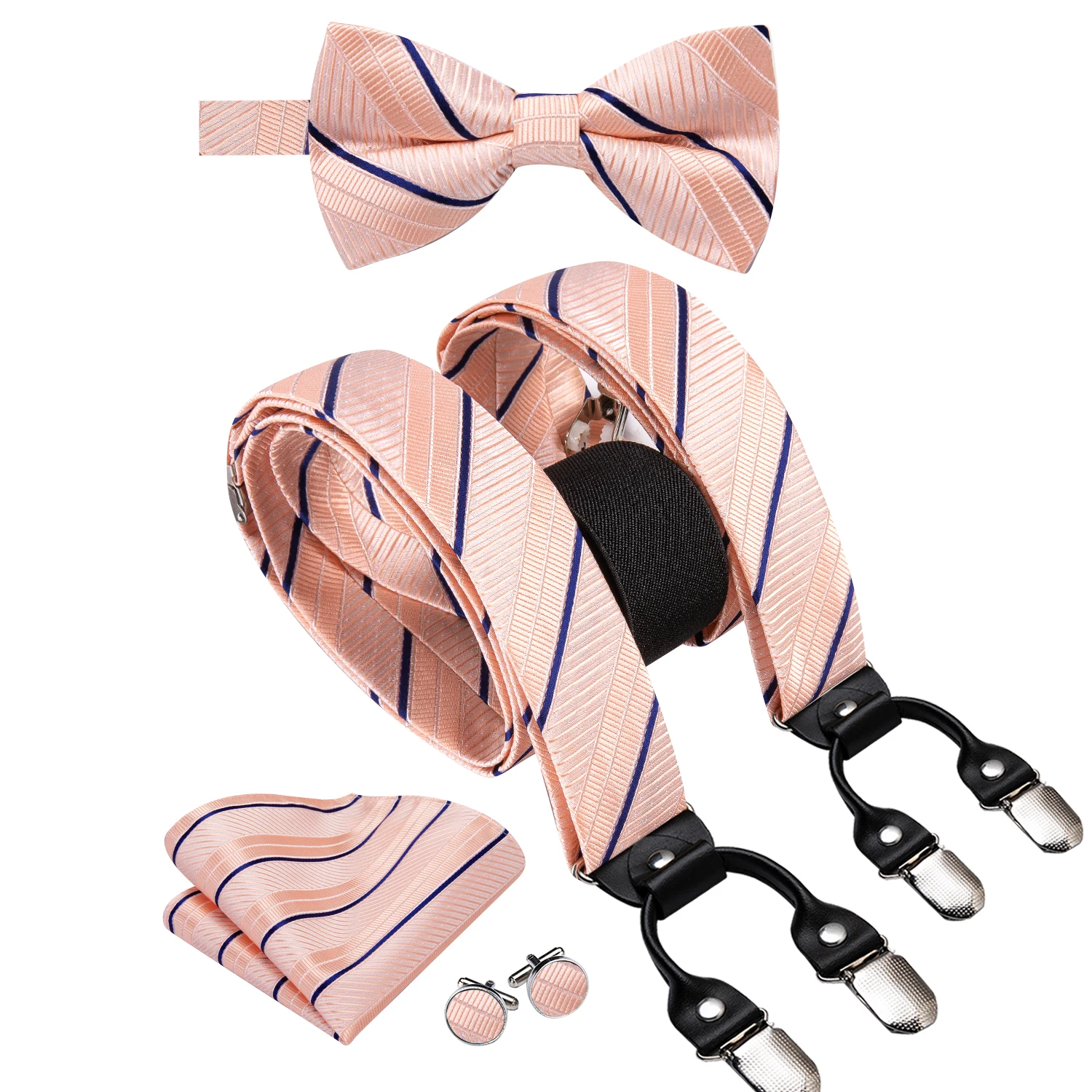 Hi-Tie Striped Pink Blue Silk Men Suspender Bowtie Hanky Cufflink Adjustable Clip On Brace for Male Wedding Business Wholesale