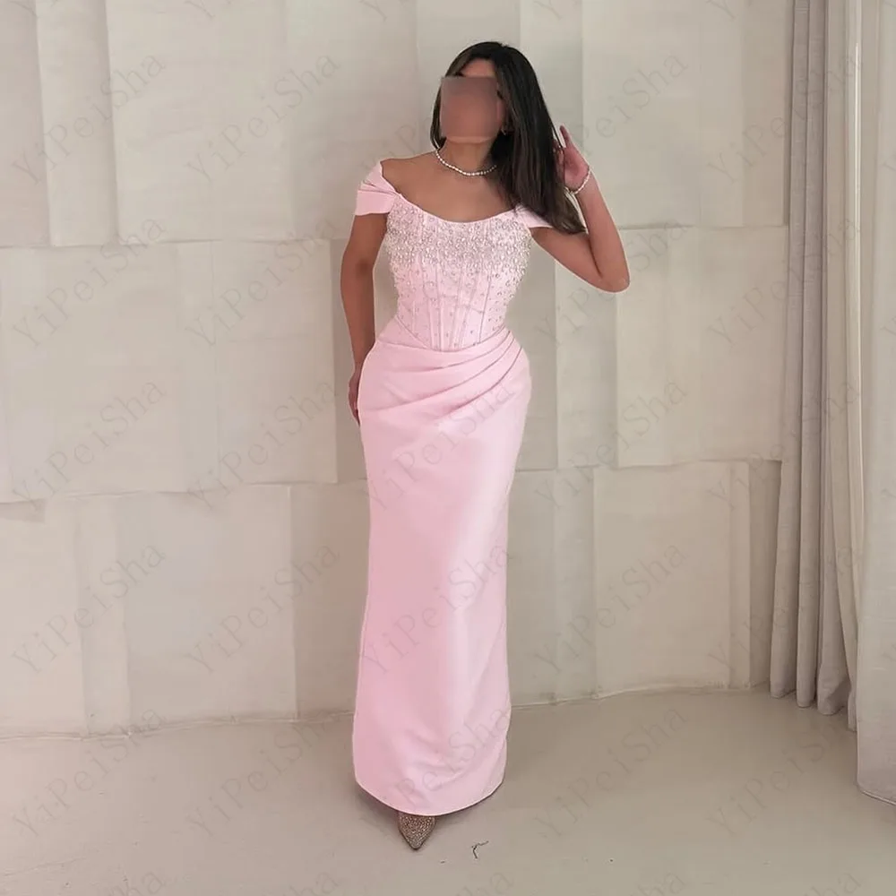 

Customized Straight Prom Dresses Ankle-Length Off The Shoulder Sleeveless Evening Gown Fashion Crystal Pleat Backless Party Gown