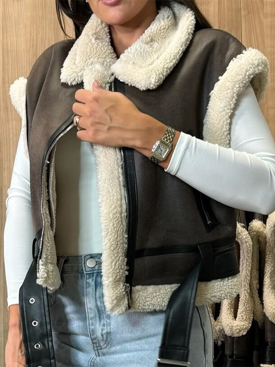 Women Leather Sherpa Vest Fur Collar Sleeveless Zipper Faux Suede Shearling Vest Nice Biker Moto Jacket Winter Warm Outerwear