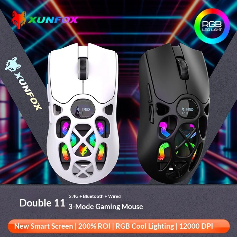 

Беспроводная игровая мышь XUNFOX H16, три режима подключения, легкая, с RGB-подсветкой, 12000 DPI, умный дисплей, 2.4G, Bluetooth, проводное подключение, для ноутбуков и настольных ПК