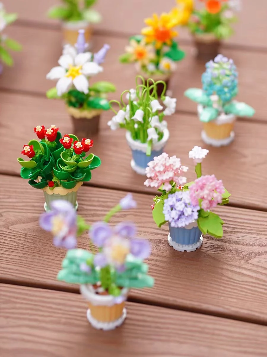 Flower Succulents Building Blocks Rose Sunflower Bonsai Garden Romantic Bricks DIY Potted Plants Model Kids Kit Toy For Children