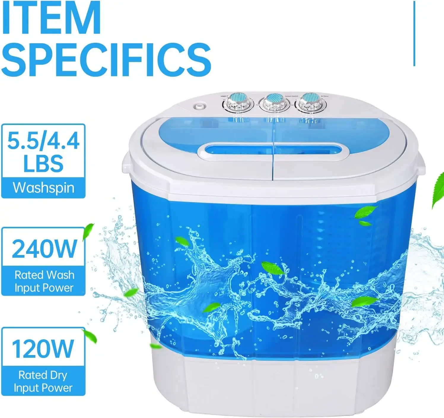 Portable Clothes Washing Machine Mini Twin Tub Small Laundry Washer Aparment Spin Dryer 9.9lbs Capacity Lightweight for Dormitor