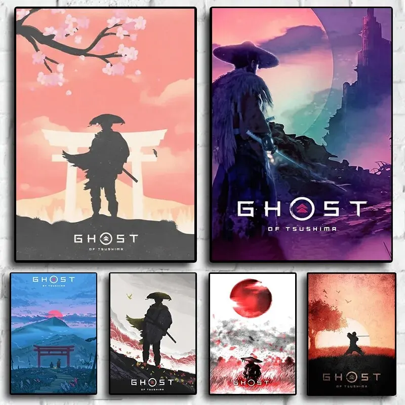 Personajes de videojuegos Ghost of Tsushima, obra de arte de estilo retro, ideal para sala de juegos o sala de estar, póster impreso en lienzo de alta calidad
