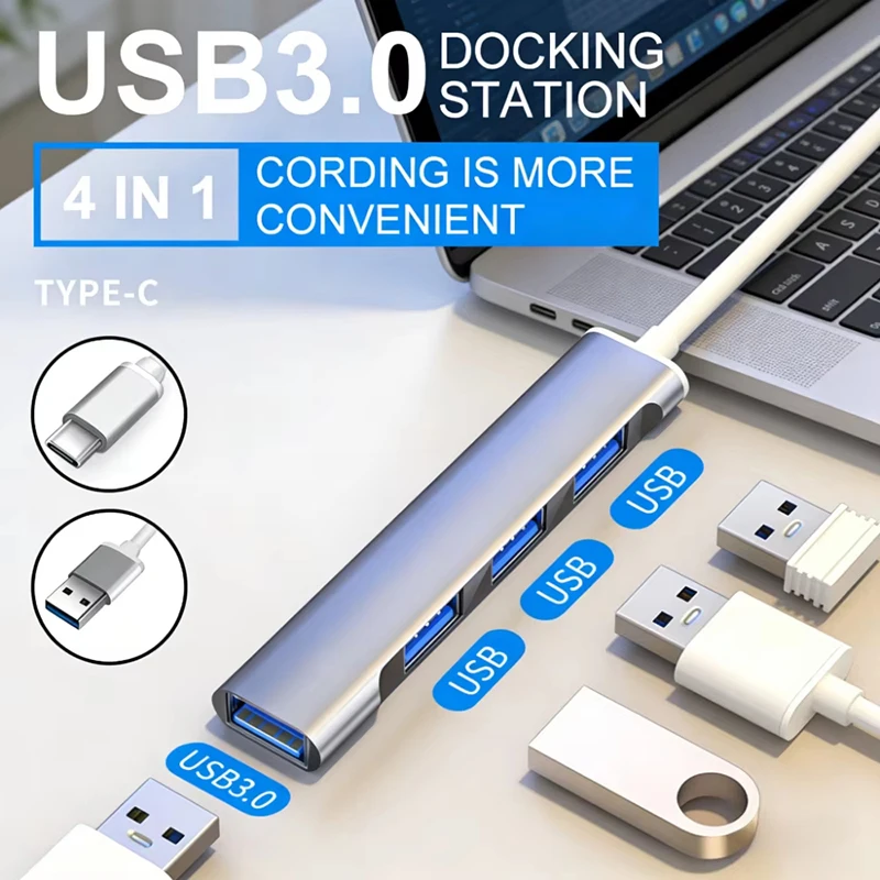 Hub USB 3.0, Hub USB Tipo C, Adaptador Divisor Múltiple de 4 Puertos OTG Tipo C para Xiaomi, Huawei, Laptop, PC, Macbook Pro, USB 3.0, 2.0