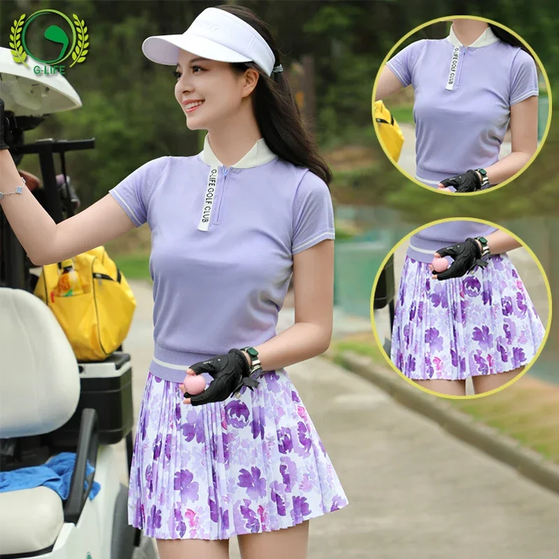 G-life Women Breathable Knitted Golf Shirt Stand Collar Short Sleeve Tops Lady Printing Pleated Skirt Anti-light Pantskirts Sets