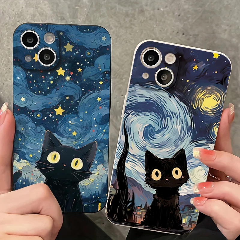 Starry Sky Aesthetic Cat Soft Case for Samsung Galaxy S24 Ultra S23 FE S22 S21 Plus A15 A35 A55 A54 A34 A14 A73 A53 A33 5G Cover