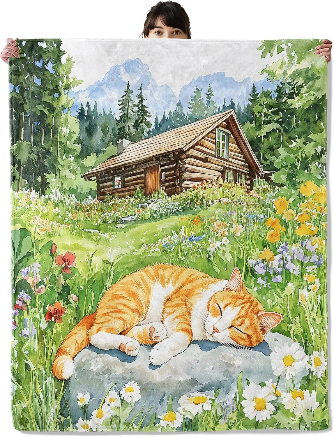 Cottagecore Cabin Tapestry Blanket Home Decor Nature Meadow Cat Illustration Rustic Autumn Spring Throw Wall Art