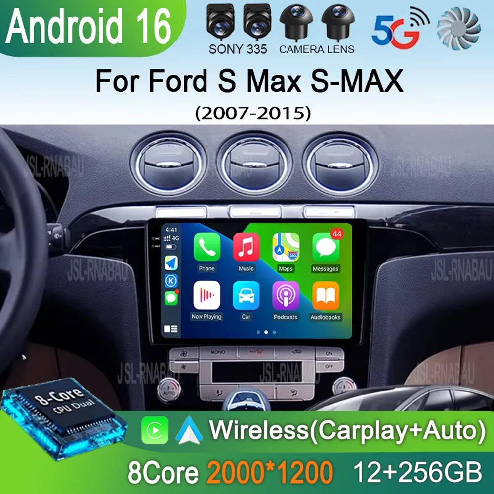 Rádio Automotivo Android 16 para Ford S-Max 2007 - 2015 com 4G WIFI, Reprodutor Multimídia de Vídeo, Navegação GPS, Estéreo Automotivo HU, sem DVD 2 Din