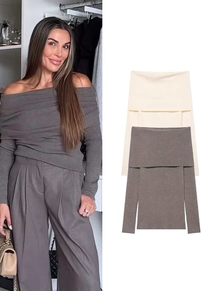 

TFMLN Women's Sexy Off Shoulder knit Tops Solid Slim Fit Long Sleeves Streetwear Fashion Slash Neck Elegant Female Clothing