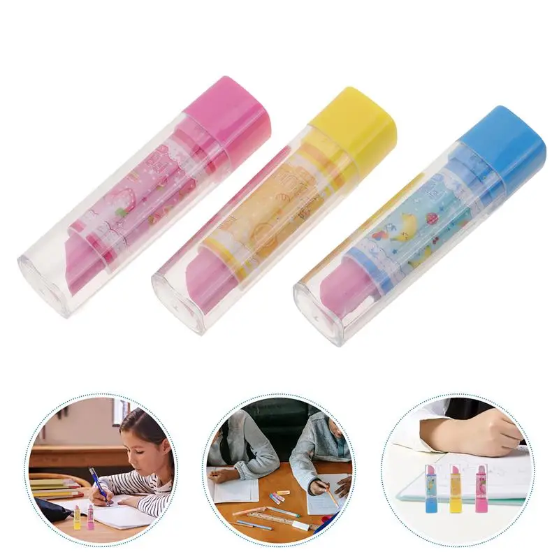 3pcs Lipstick Shape Eraser Creative Stationery Fruit Pattern Pencil Eraser Creative Gift for Kids Students Random Color