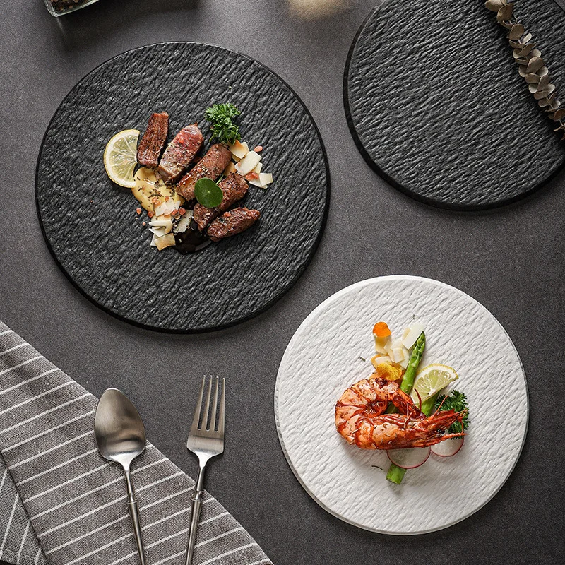 Stone Pattern Black Flat Plate Ceramic Round Cake Dessert Plate Hotel Restaurant Tableware Home Cooking Dishes Kitchen Utensils