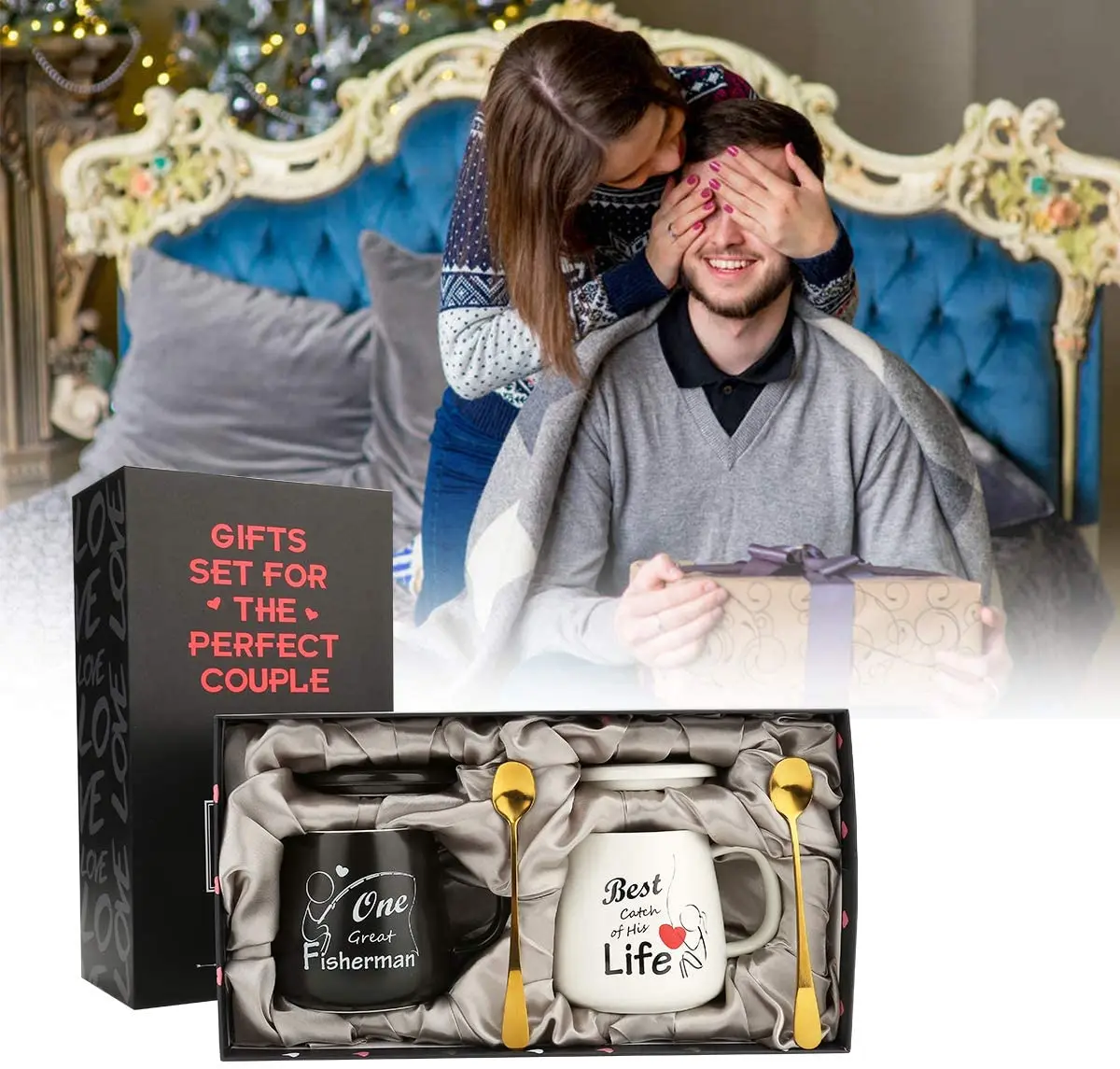 Coffee Couple Mugs Gift-Set - One Great Fisherman Best Catch of His Life Unique Engagement Wedding Gifts for Couples