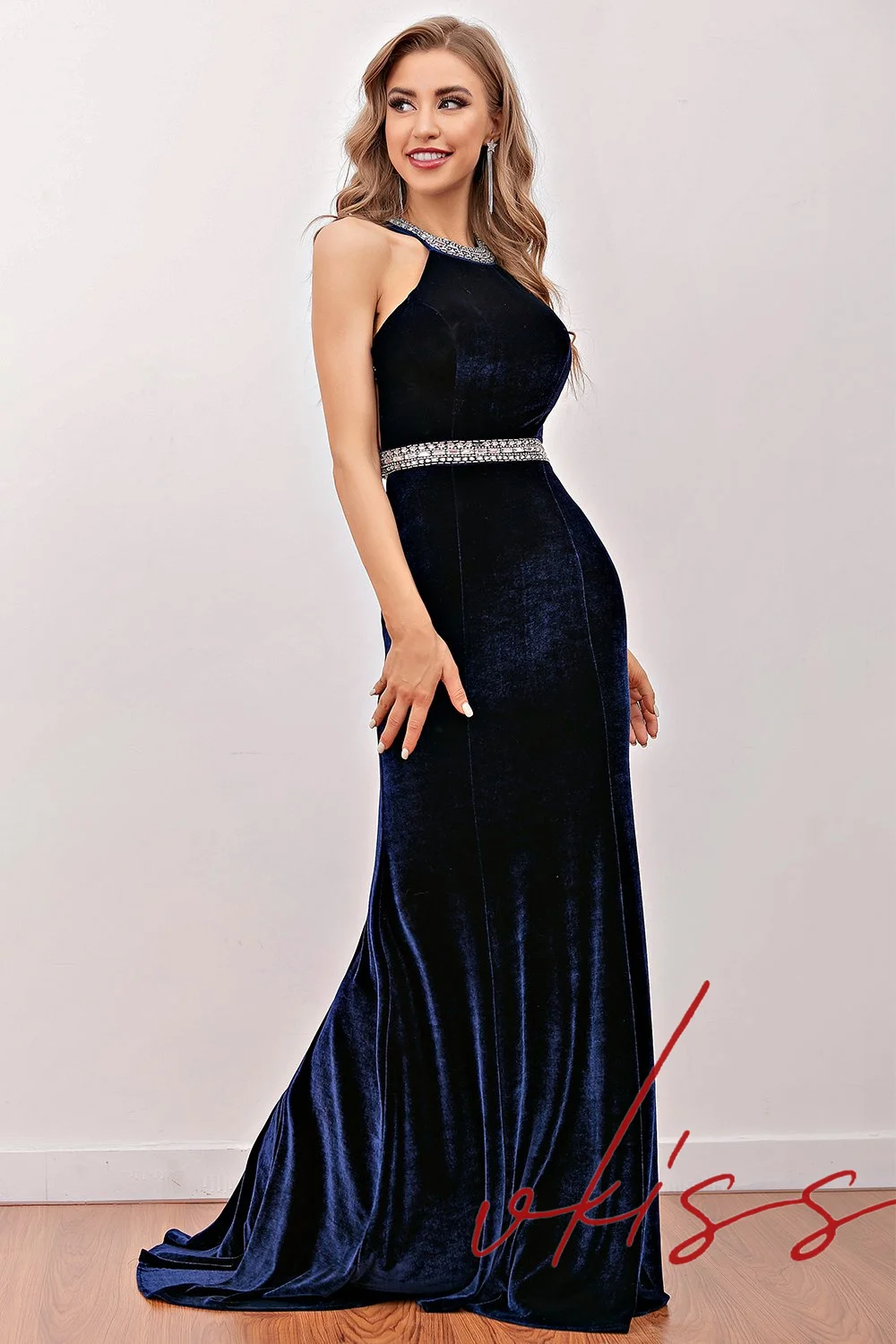 2022 Mermaid Navy กำมะหยี่ Beadings Crtstals ชุดราตรี Elegant Jewel คอเปิดกลับ Sash กวาดรถไฟ Gowns พรหม