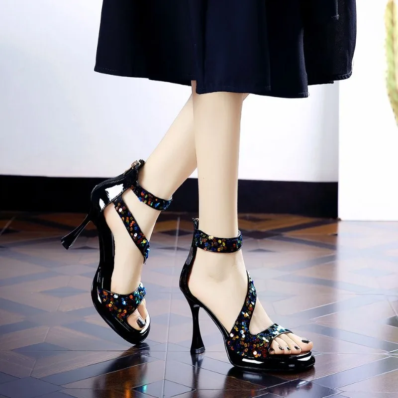

2026 Summer New Women's Sequin Open Toe High Heel Sandals Korean Style Square Toe Thin Heel Party Dress Shoes