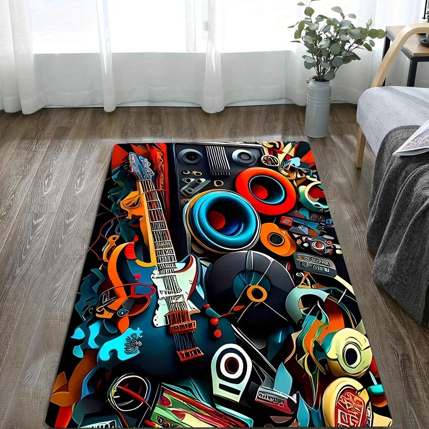 1pc Abstract‑Guitar‑Graffiti‑Print Area Rug, Non‑Slip Decorative Floor Mat for Living Room