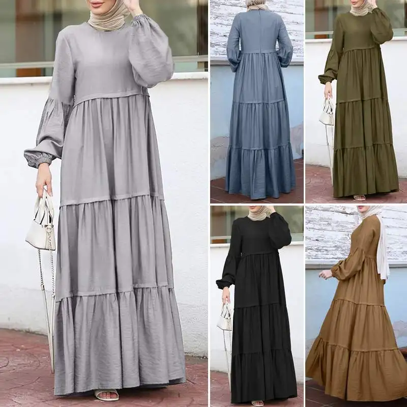 Islam Ramadan Abaya Sundress Women's Ruffled Abayas for Women Casual Loose Round Neck Long Sleeve Ladies Dress