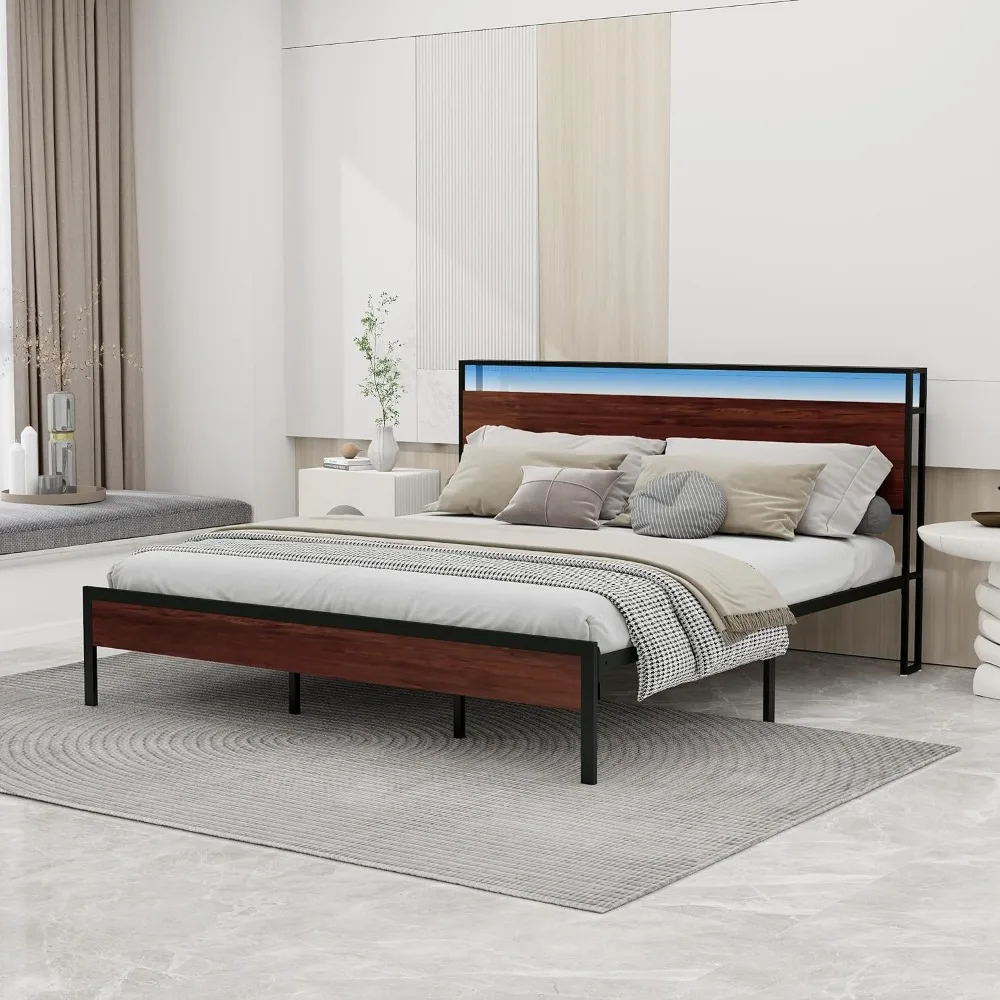 

Bed Frame w LED Lights Metal Platform Bed Frame w Storage Headboard Built in Charging Station & USB Ports No Box Spring Needed