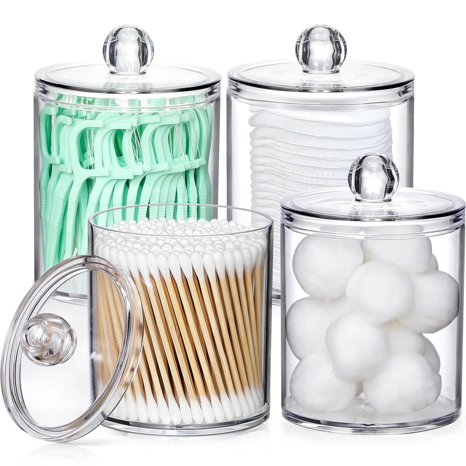 4 Pack Acrylic Qtip Holder Dispenser for Cotton Swabs, Balls, Pads, Floss Picks- Small Clear Vanity Makeup Storage Box Organizer