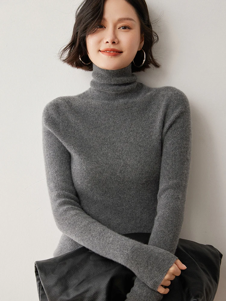

New Chic Autumn Winter Pullover Turtleneck Sweater Women's 100% Cashmere Knitwear Female Grace Slim fit Basic Long Sleeve Tops