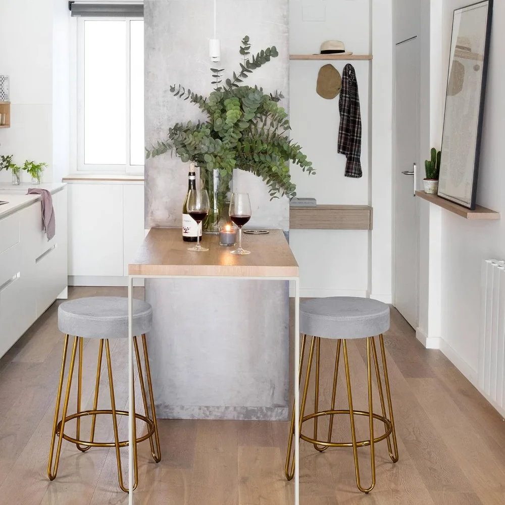 Ensemble de 2 tabourets de Bar, tabourets de comptoir ronds en velours, chaises de Bar à hauteur de comptoir sans dossier avec pieds dorés pour cuisine salle à manger P