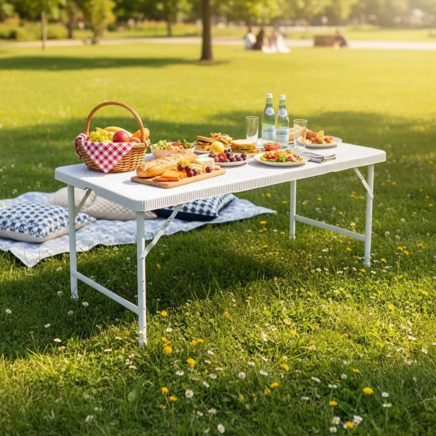 

Складной стол из ротанга 4 фута с регулируемыми пластиковыми ножками, портативный, складная конструкция, идеально подходит для использования в помещении и на улице, включая кемпинг