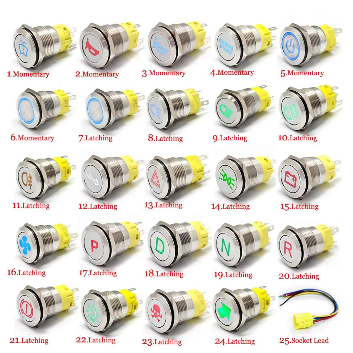 LED Metal Push Button Switch 19mm with Symbol Dash Panel Warning Indicator Light Self-reset Momentary/locking for Car Yacht Ship