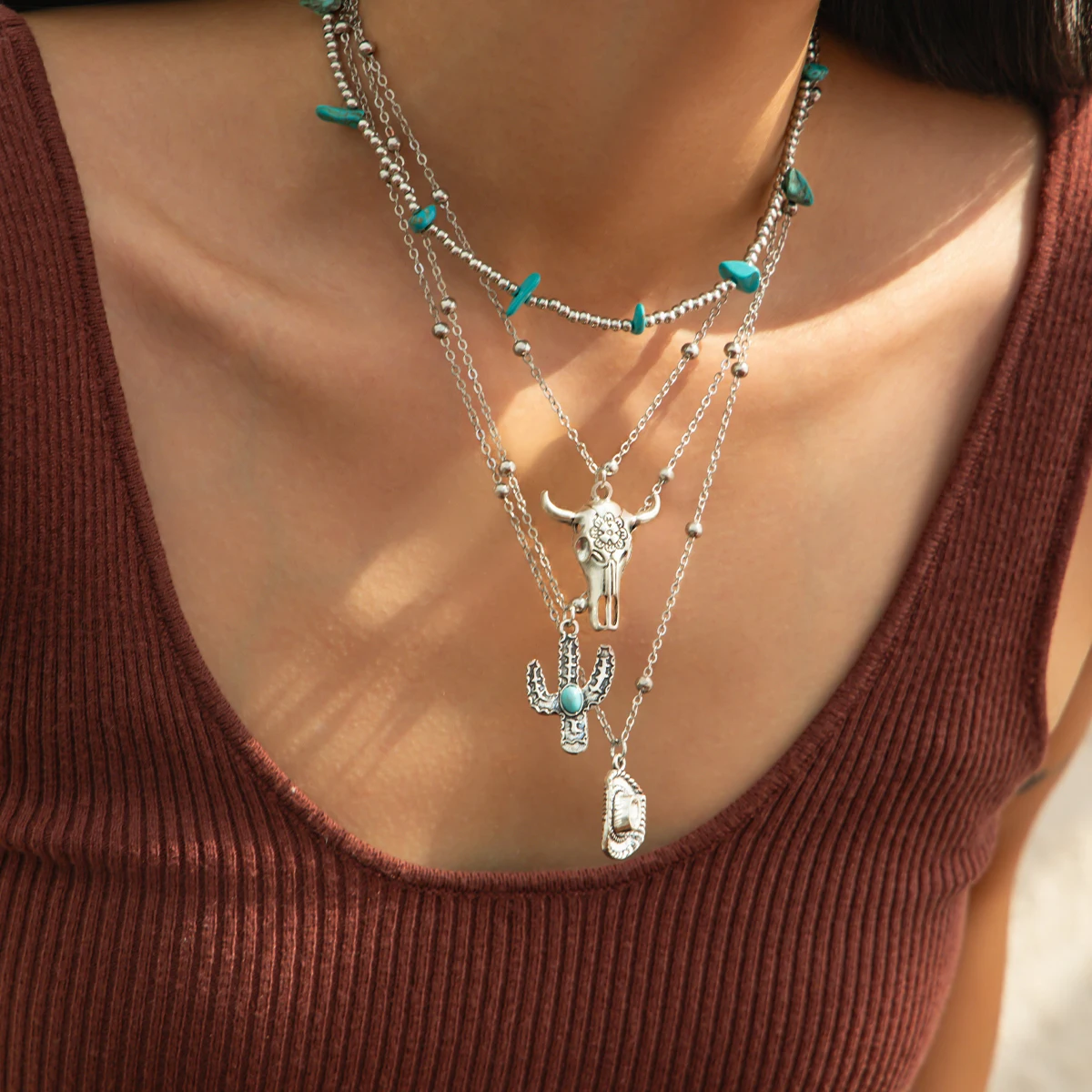 SHIXIN 4Pcs/Set Vintage Cactus Cow Head Cowboy Hat Pendant Necklaces for Women Ethnic Layer Bead Chain Necklace Vacation Jewelry