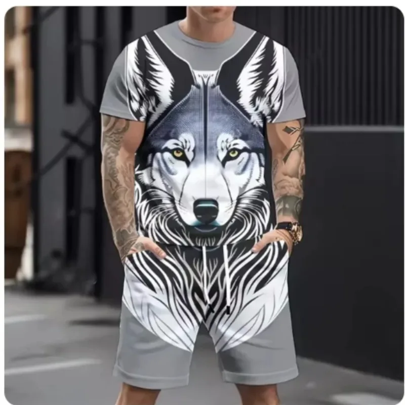 2025 hot selling refreshing style summer casual breathable ultra loose men's top men's casual 3D printed wolf pattern sports set